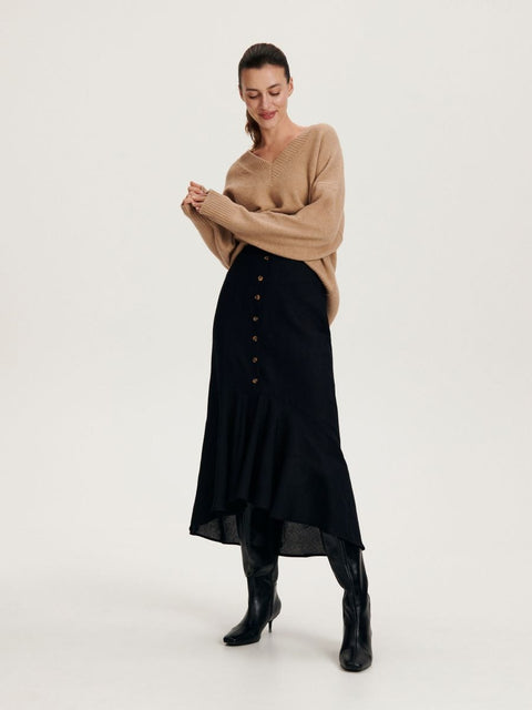 Reserved Women's Black Linen Buttoned Midi Skirt |Reserved In Lebanon