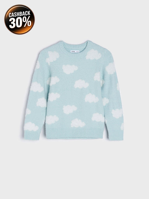 Light blue sweater with cloud pattern on a white background