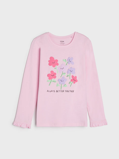 Pink long-sleeve shirt with floral design and text on a white background