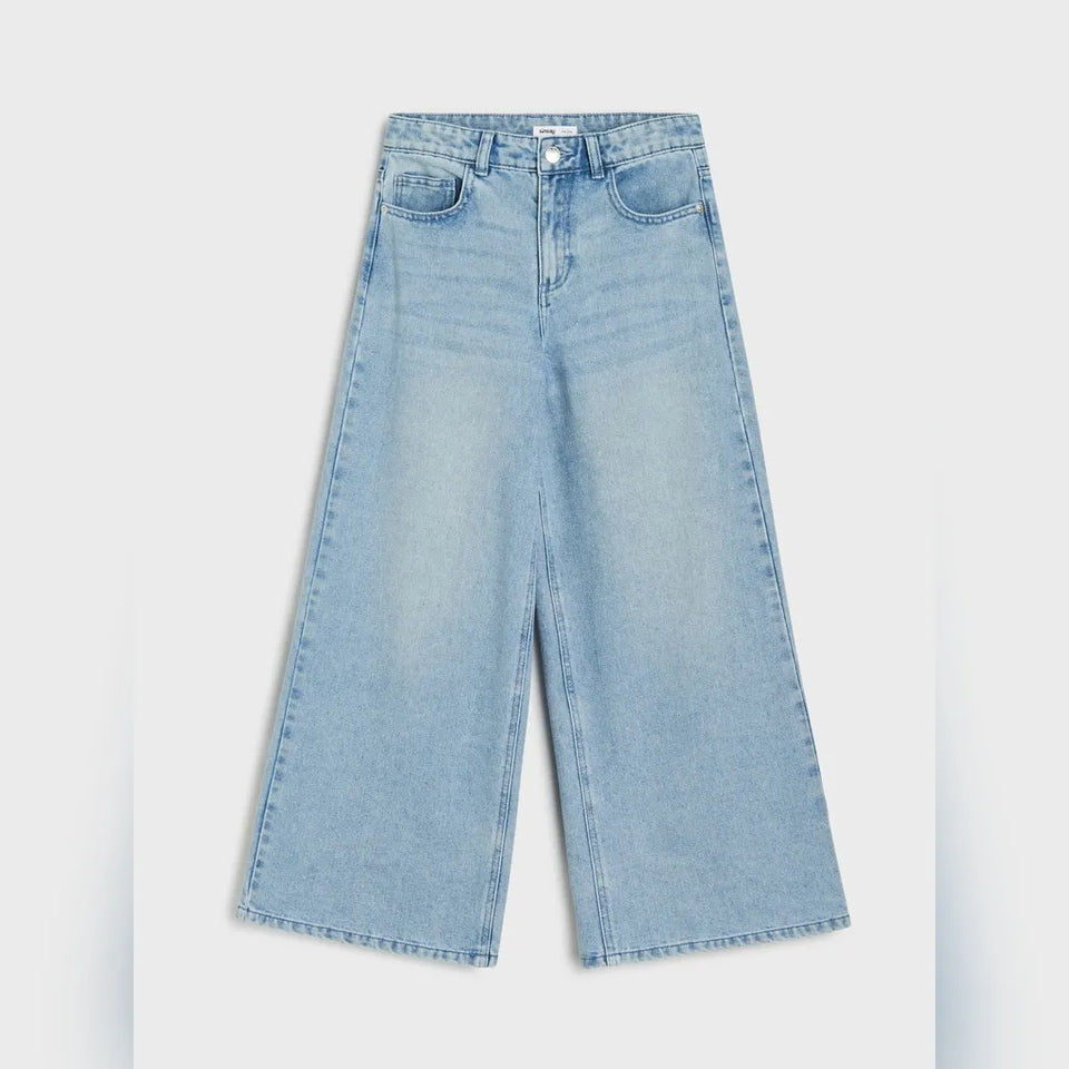 Light blue wide-leg denim jeans with a high waist and front pockets, shown flat against a light gray background.