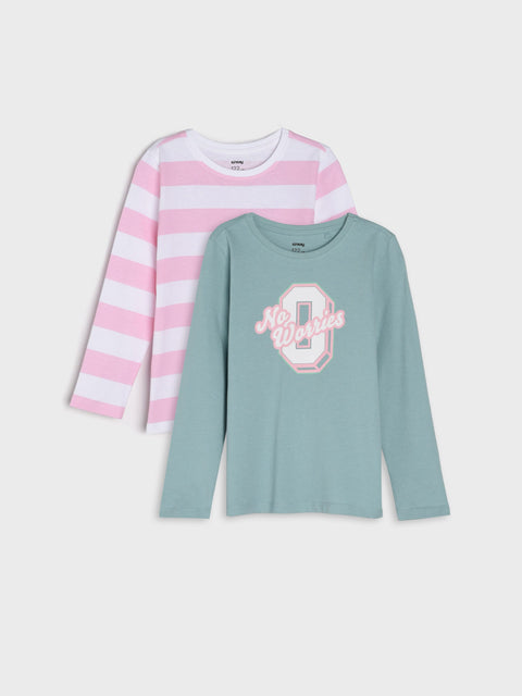 Two long-sleeve shirts, one pink and white striped, the other green with a logo, on a light gray background.