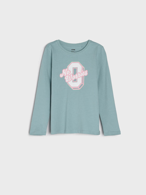 Light blue long-sleeve shirt with pink graphic on a white background