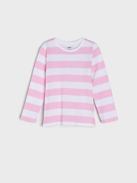 Pink and white striped long-sleeve shirt on a light gray background