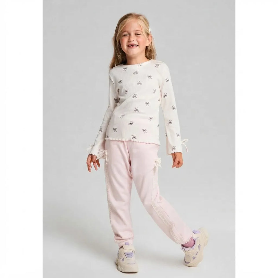 Sinsay Girls Off-White Ribbed All Over Bow Printed with Ruffled Cuffs Blouse