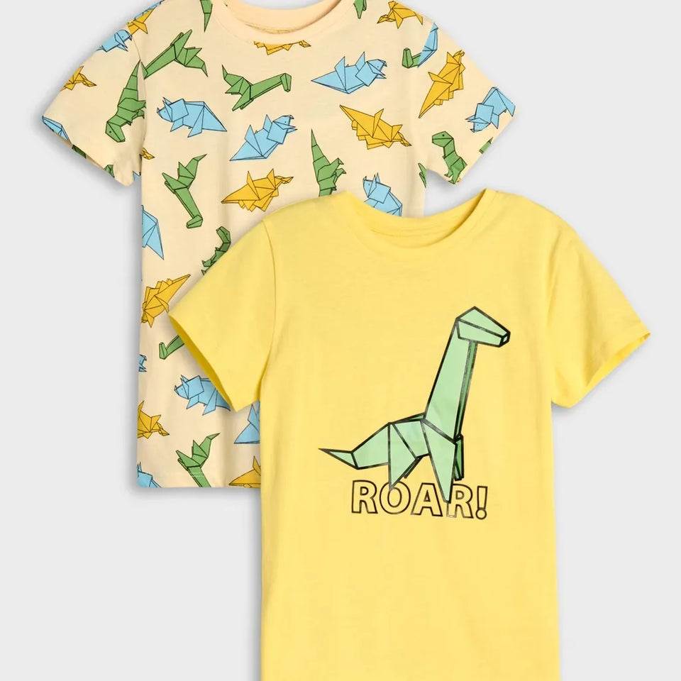 Two kids' short-sleeve t-shirts displayed on a light gray background. The front shirt is bright yellow with a green origami dinosaur and the word 'ROAR!' printed on the front.