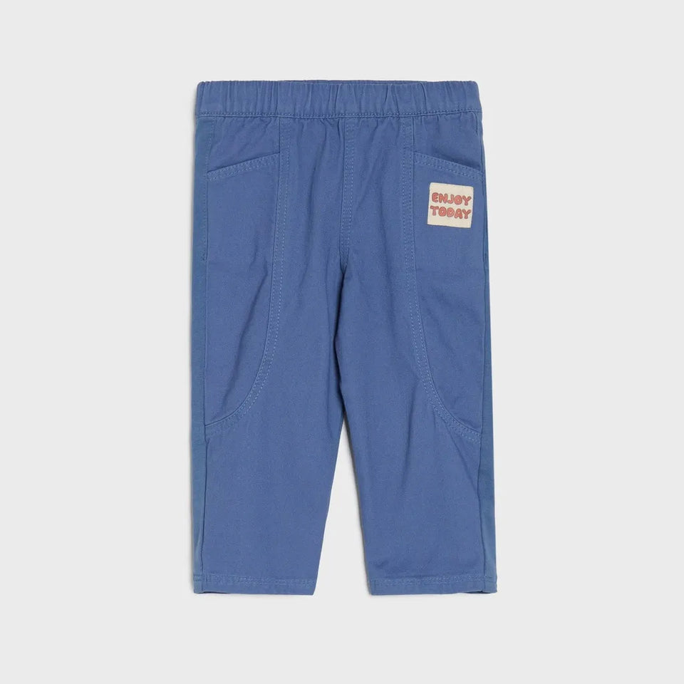 Blue toddler pants with an elastic waistband, side pockets, and a small 'ENJOY TOGETHER' brand patch on the back right pocket, shown against a light gray background.