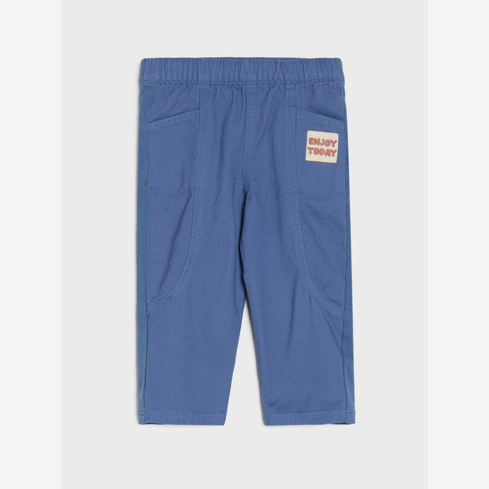 Blue toddler pants with an elastic waistband, side pockets, and a small 'ENJOY TOGETHER' brand patch on the back right pocket, shown against a light gray background.