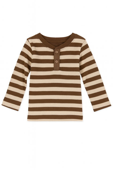 POMPdeLUX Boy's Stripped Brown & Beige Henley Neck Blouse | POMPdeLUX In Lebanon