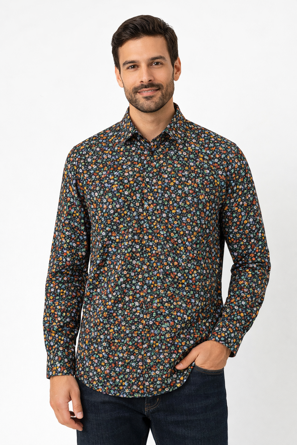 Man wearing a patterned shirt with a white background