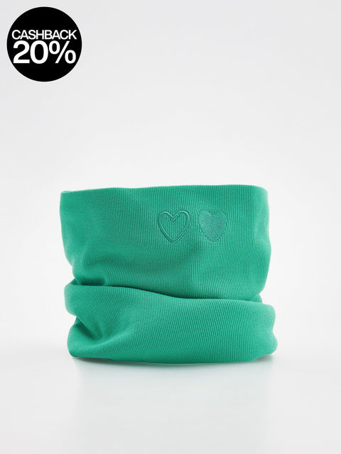 Green neck gaiter with heart design on a white background