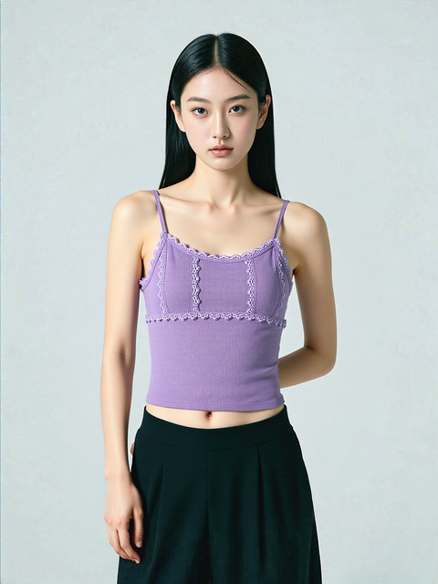 Hippie Rose Women's Purple Lace-Trim Ribbed Camisole Sleeveless Blouse | Hippie Rose In Lebanon
