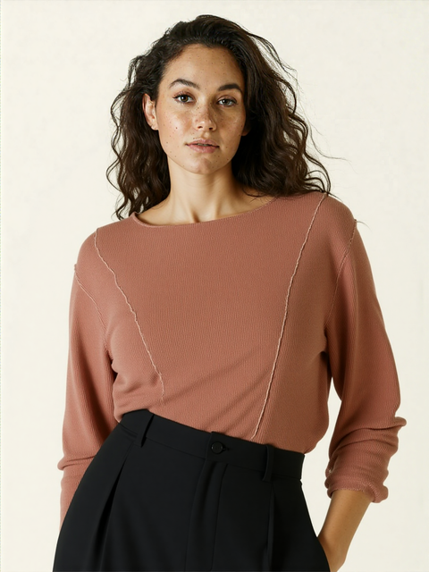 Love Fire Women's Dusty Rose Ribbed Long Sleeve Blouse | Love Fire In Lebanon