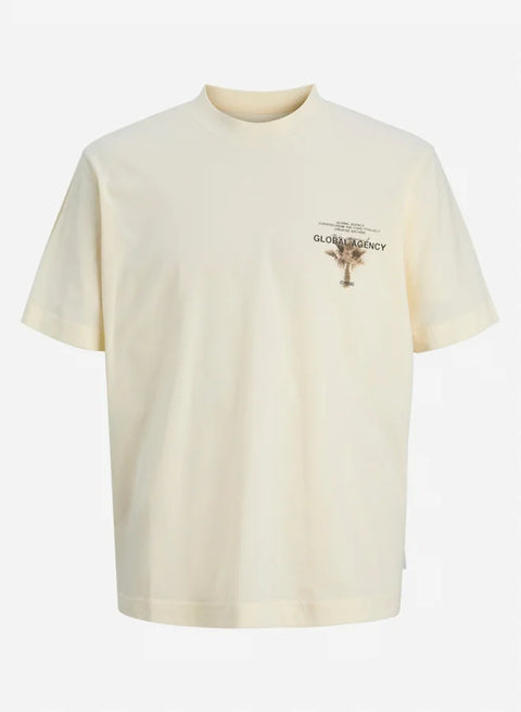 Beige t-shirt with a small graphic and text on a white background