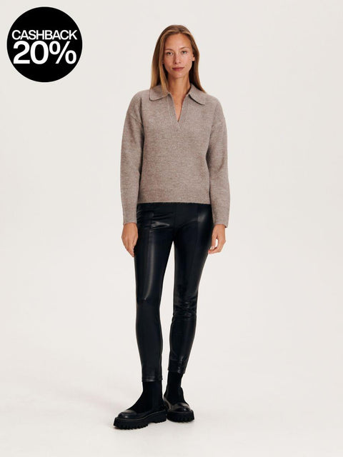 Reserved Women's Black Elastic Band Leather Pants | Reserved In Lebanon