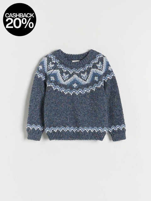 Blue knitted sweater with a pattern on a light gray background
