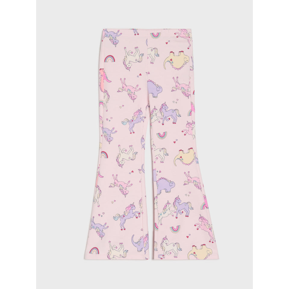 Pink flared leggings with an all-over unicorn and rainbow print, shown flat against a light gray background.