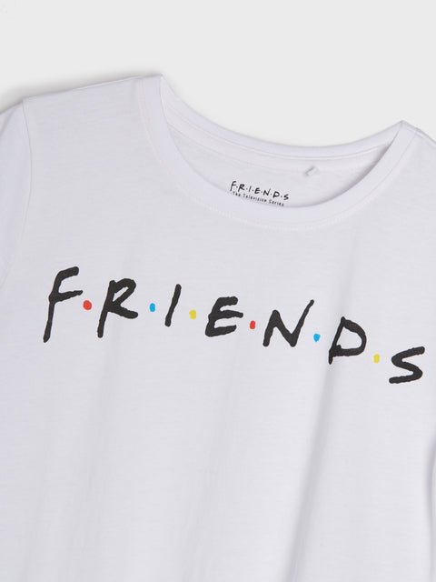 White t-shirt with 'FRIENDS' logo on a white background