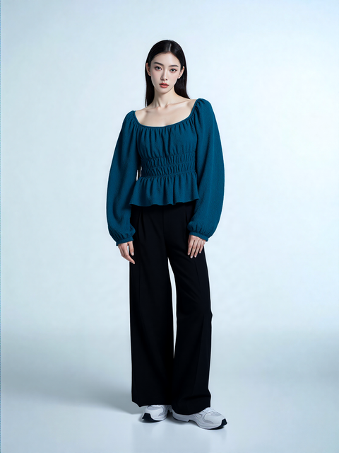 Planet Heart Women's Petrol Smocked Long-Sleeve Blouse | Planet Heart In Lebanon