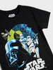Black t-shirt with Star Wars graphic design featuring Darth Vader, stormtroopers, and the Death Star.
