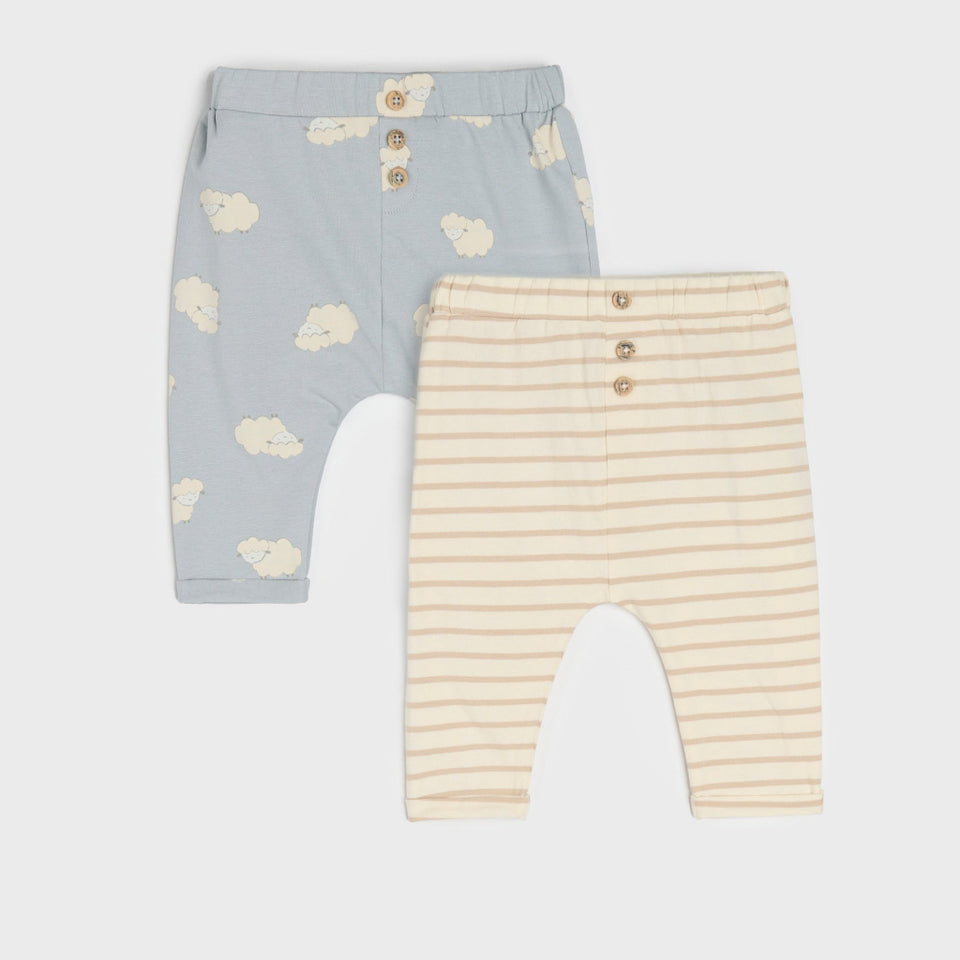 Two pairs of baby pants, one with cloud pattern and the other with stripes, on a light gray background.