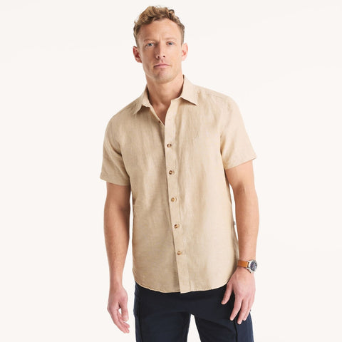 Nautica Men's Beige Big & Tall Short-Sleeve Linen Shirt|Nautica In Lebanon