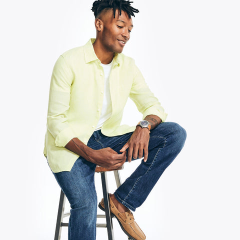 Nautica Men's Light Yellow Short Sleeve Linen Shirt |Nautica In Lebanon