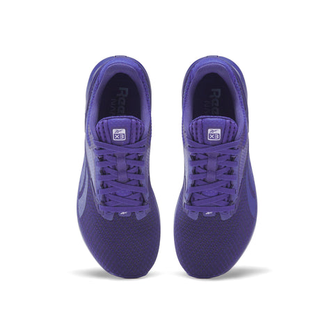 Purple running shoes with Reebok logo on a white background