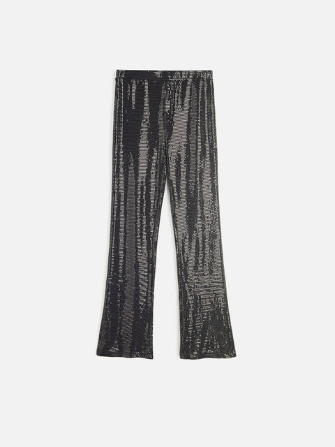 Black sequin pants on a white background