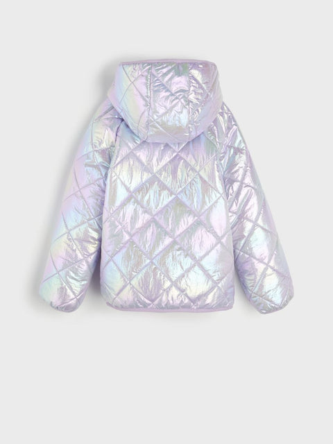 Iridescent quilted jacket on a light gray background