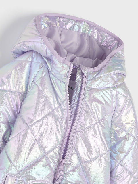 Iridescent puffer jacket with a hood on a light gray background