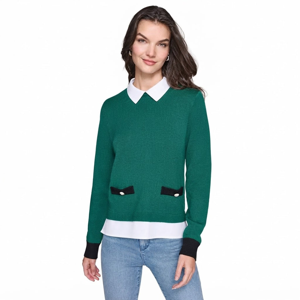 Karl Lagerfeld Paris Women's Green Layered-Look Collar Sweater