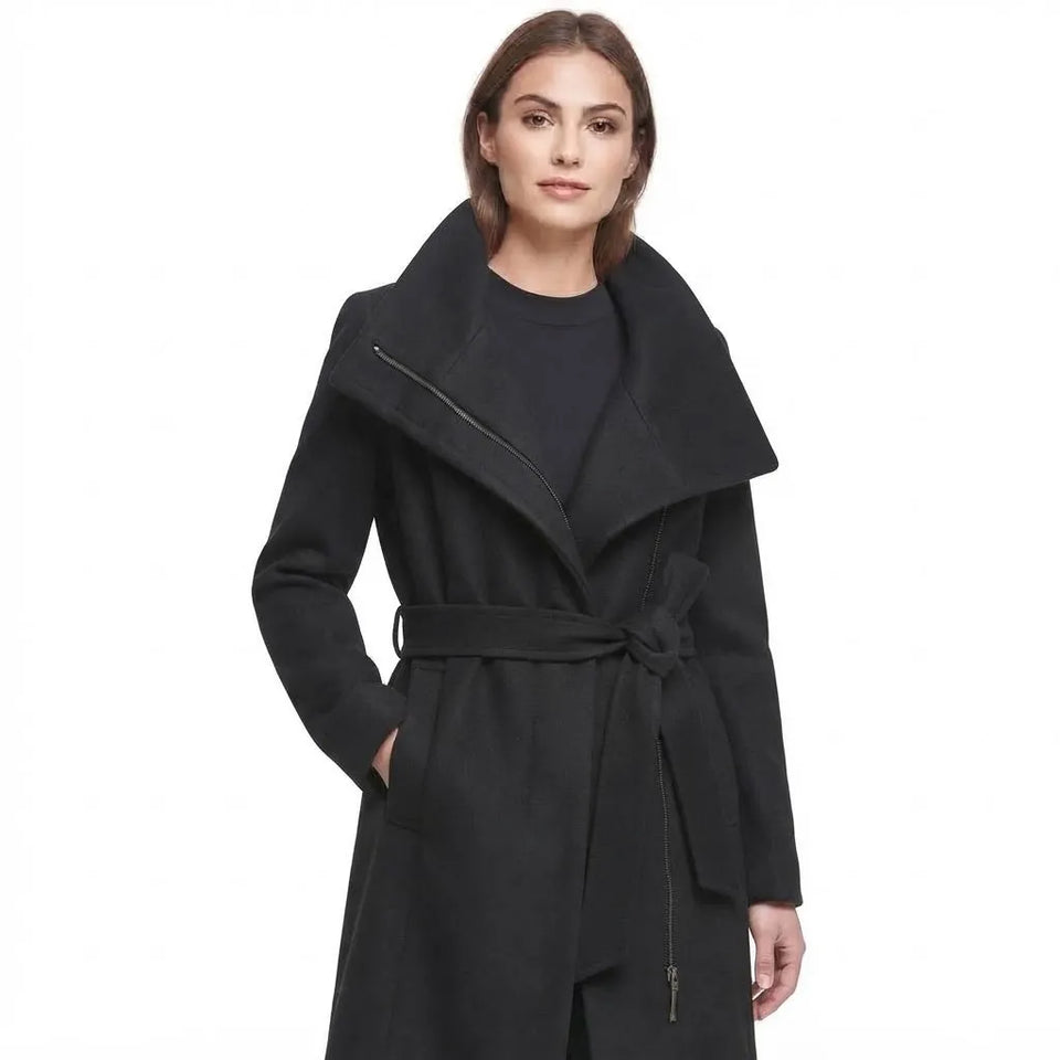 DKNY Women's Black Front Zipper With Belt Coat