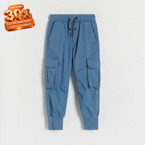 Blue cargo jogger pants on a white background