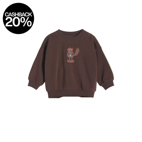 Brown children's sweatshirt and pants set with a small design on a light gray background