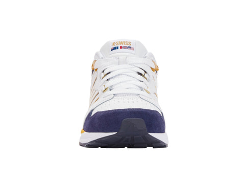 White sneaker with purple sole and K-Swiss branding on a white background