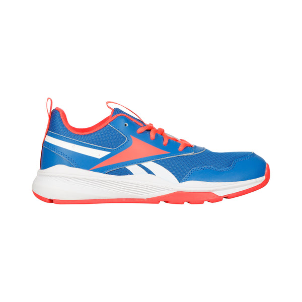 Blue and orange athletic shoe on a white background