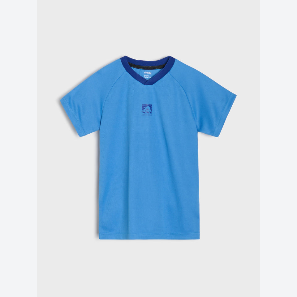 A blue short-sleeve raglan t-shirt with a dark blue v-neck collar and a small dark blue graphic on the left chest, displayed on a light gray background.