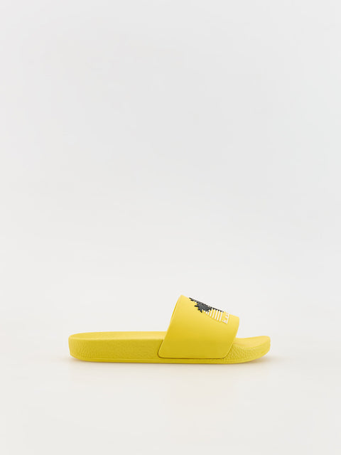 Yellow slide sandal with a brand logo on a white background