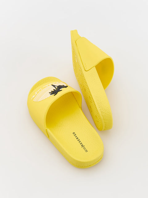Yellow slides with a brand logo on a white background