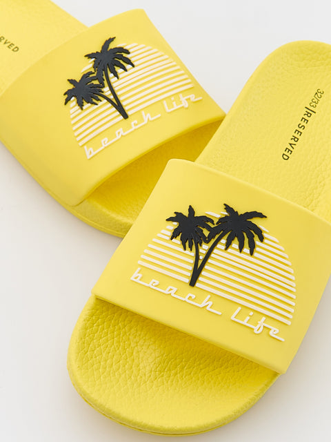 Yellow slides with 'beach life' and palm tree design on a white background