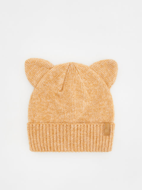 Yellow knit beanie with cat ears on a white background
