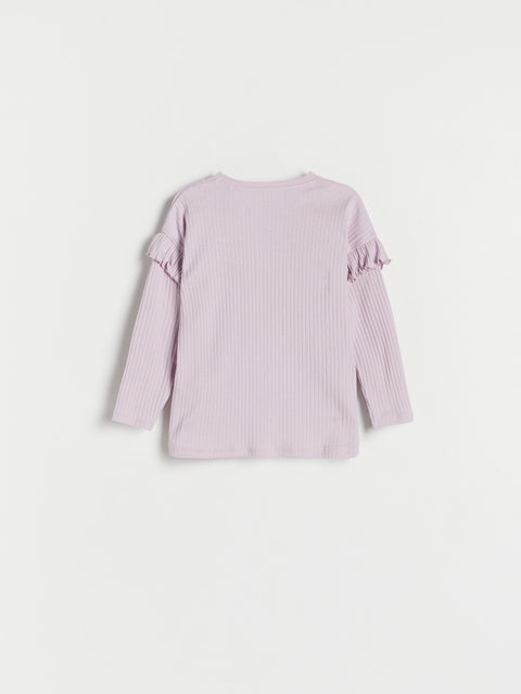 Light purple ribbed sweater with ruffled sleeves on a white background
