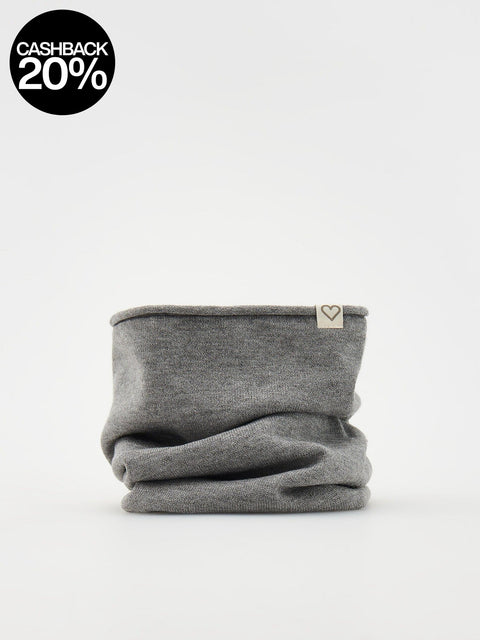 Gray neck gaiter with a small heart logo on a white background