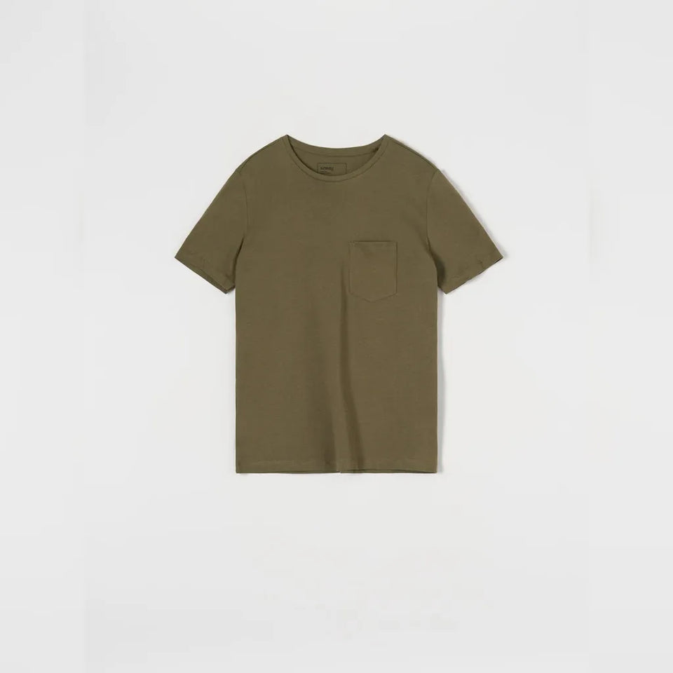 An olive green short-sleeve crewneck t-shirt with a single chest pocket, laid flat against a light gray background.