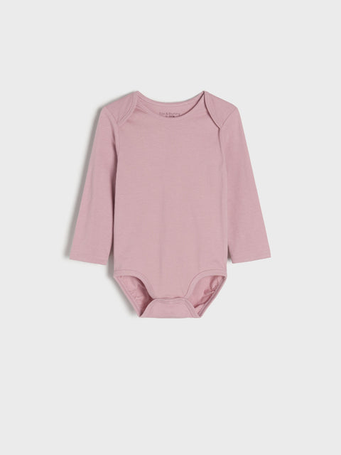 Pink baby bodysuit on a light gray background