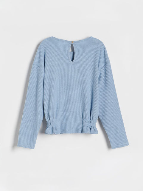 Light blue ribbed long-sleeve top on a white background
