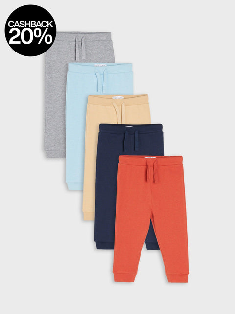 Five pairs of colorful jogger pants arranged on a light gray background