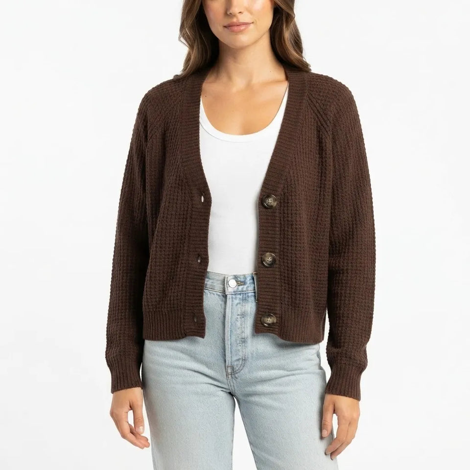Hippie Rose Women's Dark Brown Waffle Knit Button-Down Cardigan