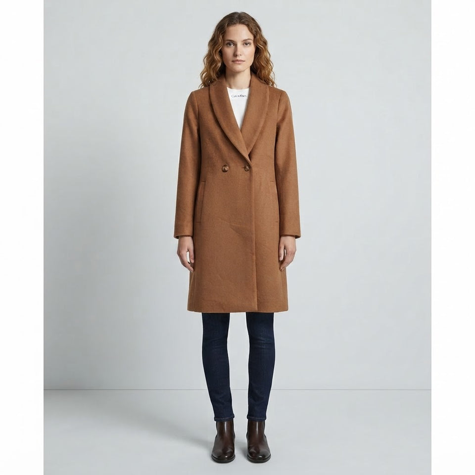 Calvin Klein Women's Camel Petite Shawl Collar Double-Breasted Wool Coat