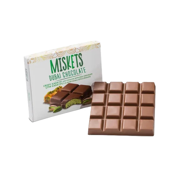 Miskets Dubai Chocolate Milk Chocolate Bar with Pistachio & Crunchy Kadayif Filling 100GR